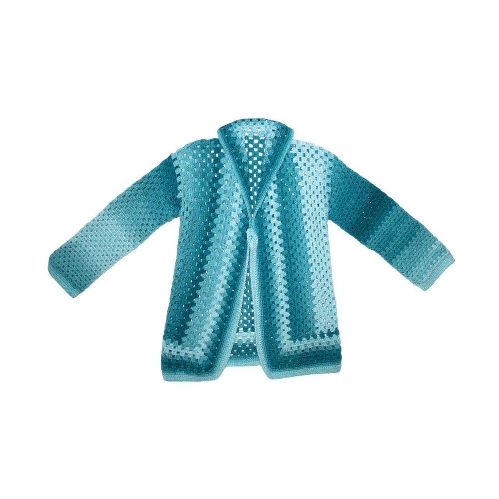 Teal Crochet Handmade Cardigan Sweater Square Baby Blue Teal Fade Vintage Knit